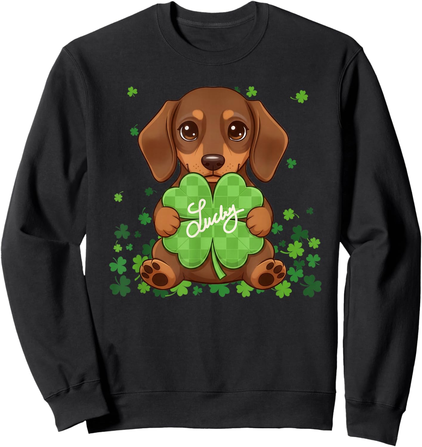 Lucky Dachshund St Patricks Day Clover Shamrock Wiener Dog Sweatshirt - Sweatshirt | Black