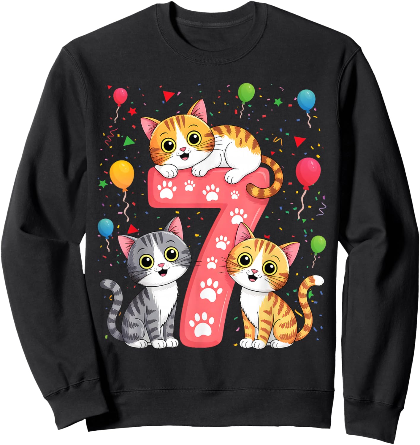 Kids 7th Birthday Girl Cats Outfit 7 Years Old Sweatshirt - Sweatshirt | Black