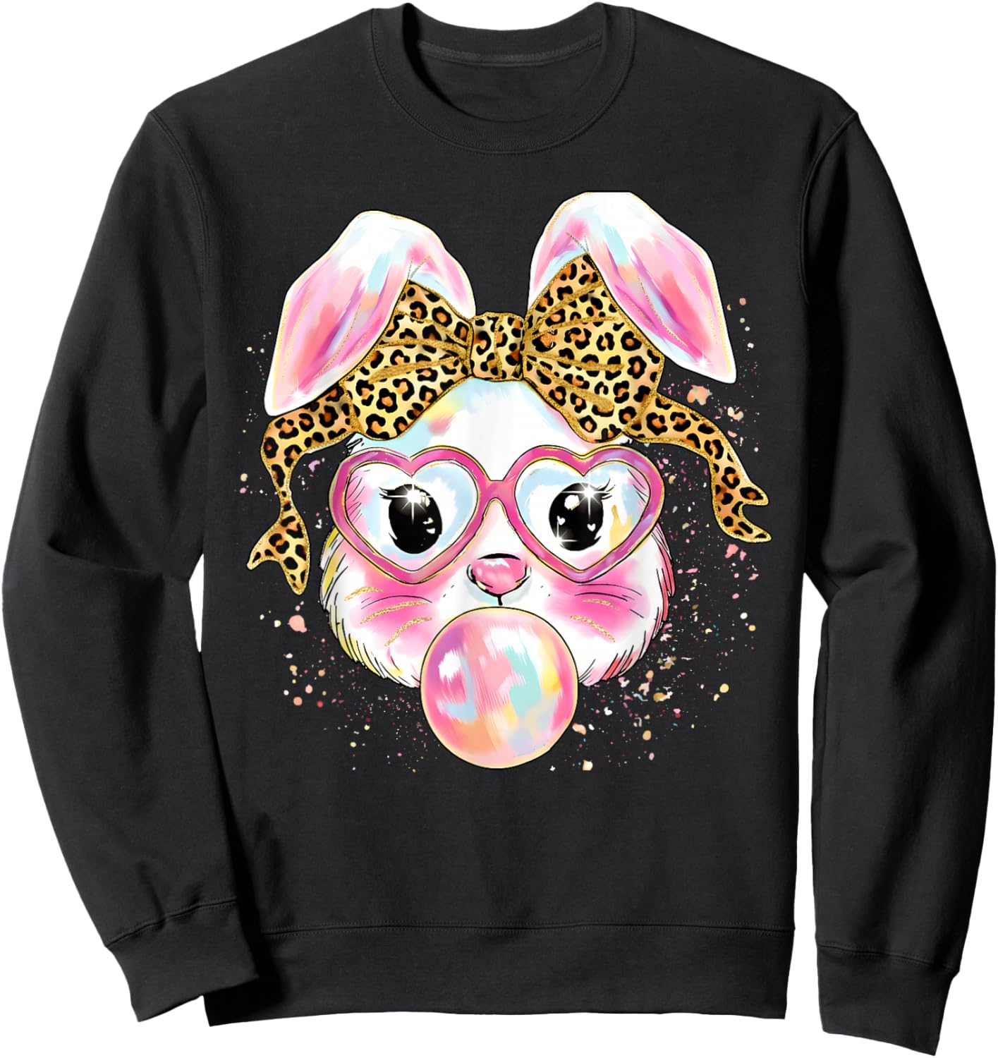 Happy Easter Leopard Coquette Bow Bunny Blowing Bubble Gum Sweatshirt - Sweatshirt | Black