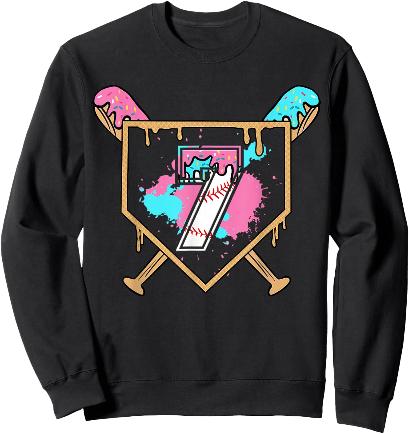 7th Birthday Baseball Bat Ice-Cream Drip 7yrs Old Boys Girls Sweatshirt - Sweatshirt | Black