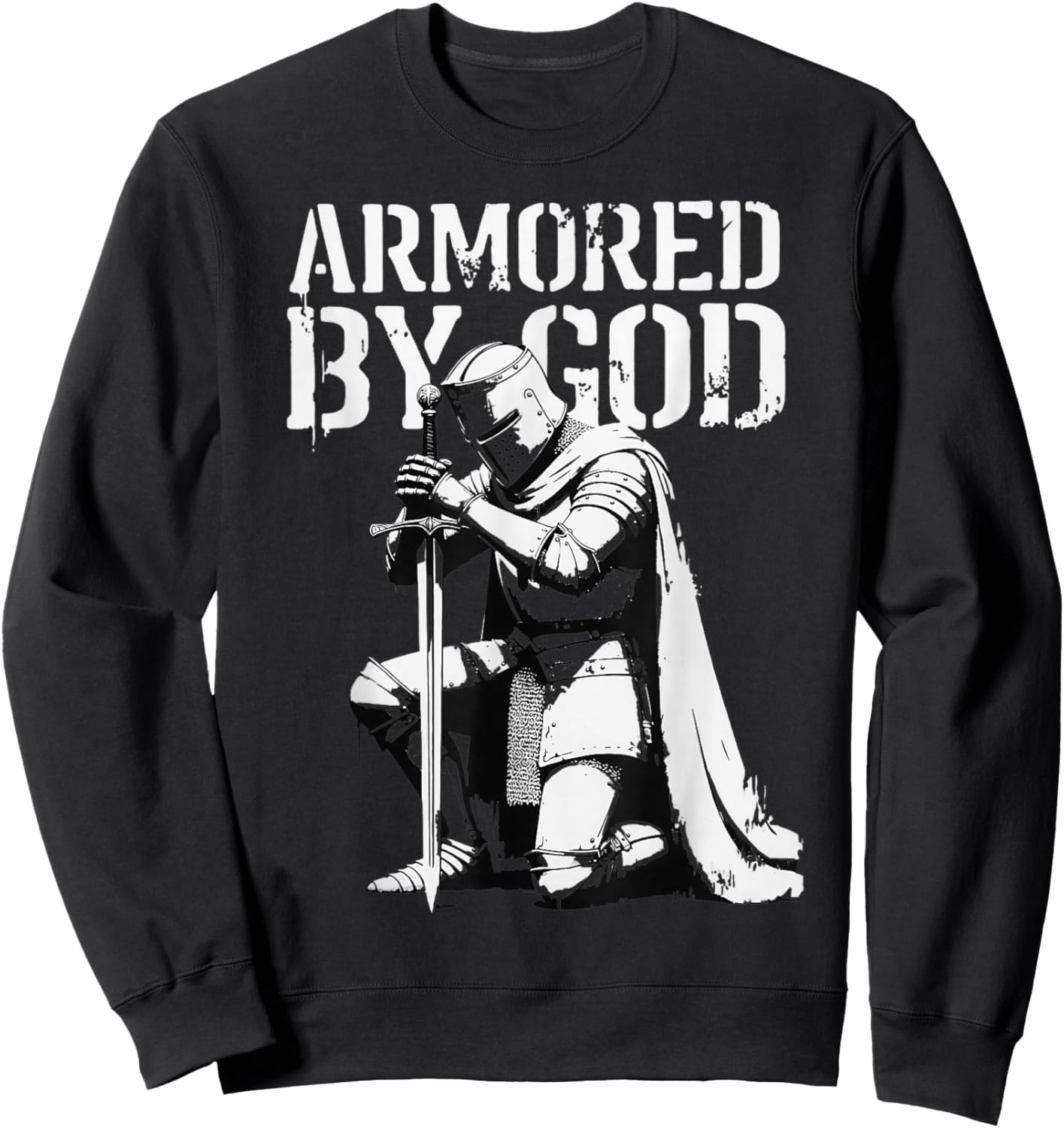 Vintage Christian Knight in Prayer Armored by God Sweatshirt - Sweatshirt | Black