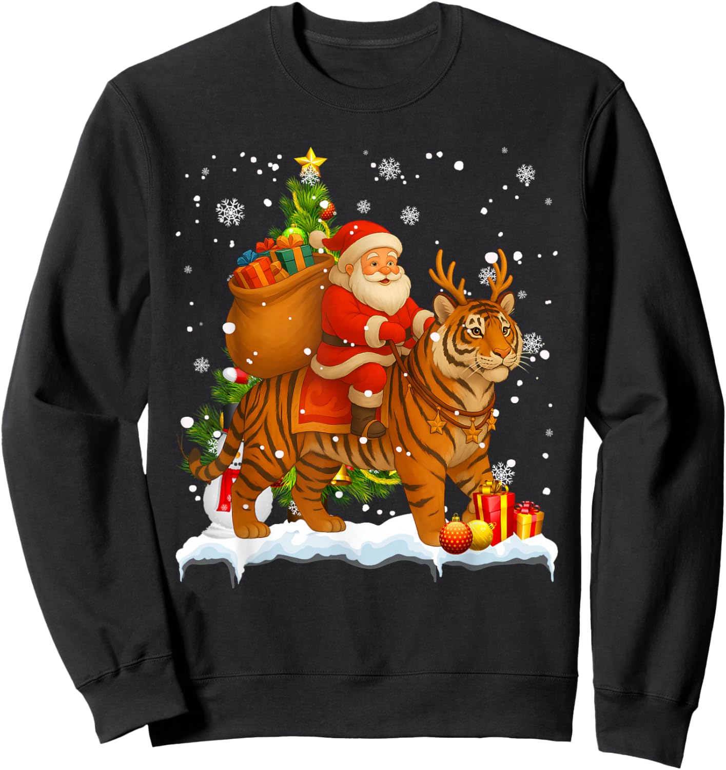 Xmas Decor Lights Funny Santa Riding Tiger Christmas Sweatshirt - Sweatshirt | Black