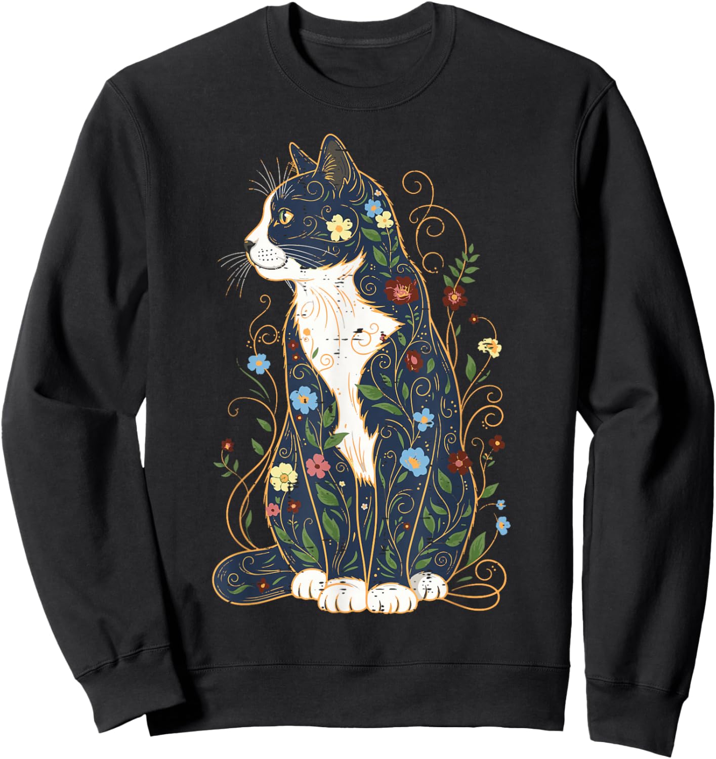 Cat Sitting Ornamental Flowers Kitten Floral Women Girls Kid Sweatshirt - Sweatshirt | Black