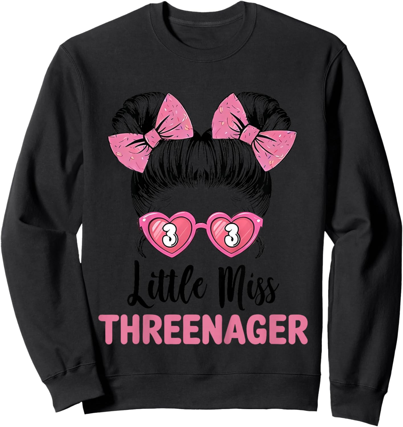 Little Miss Threenager 3rd Birthday 3 Messy Bun Girls Kids Sweatshirt - Sweatshirt | Black