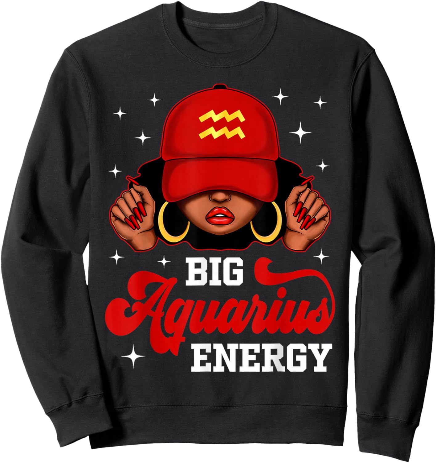 Big Aquarius Energy Black Woman with Red Cap Zodiac Sweatshirt - Sweatshirt | Black