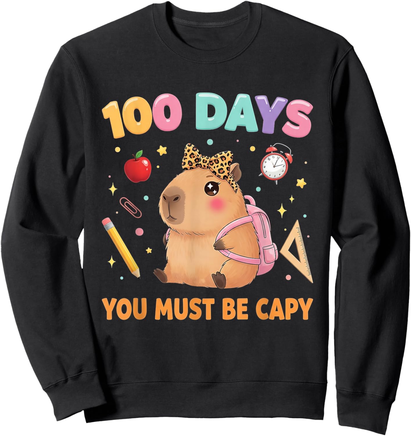 Cute 100 Days of School Capybara with Leopard Bow Teacher Sweatshirt - Sweatshirt | Black