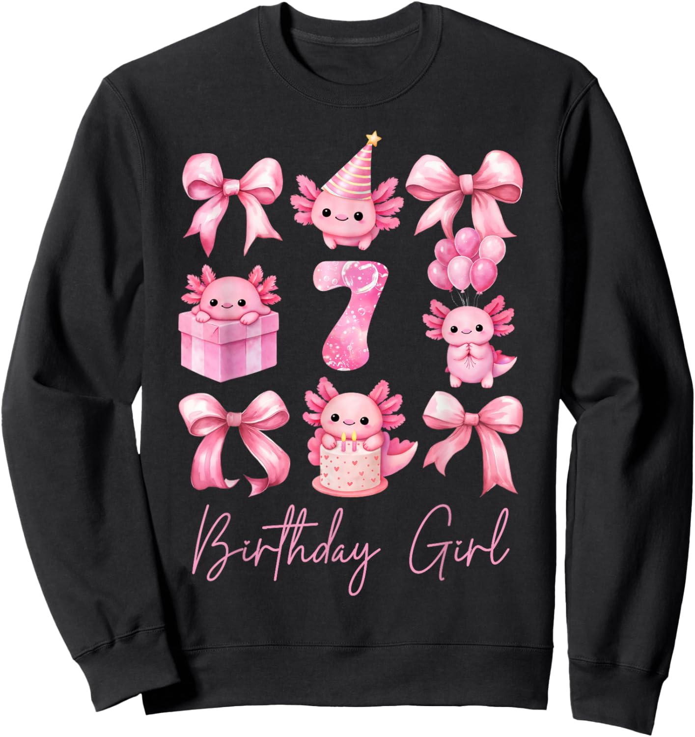 Cute Axolotl 7th Birthday Girl Pink Coquette Bow 7 Years Old Sweatshirt - Sweatshirt | Black