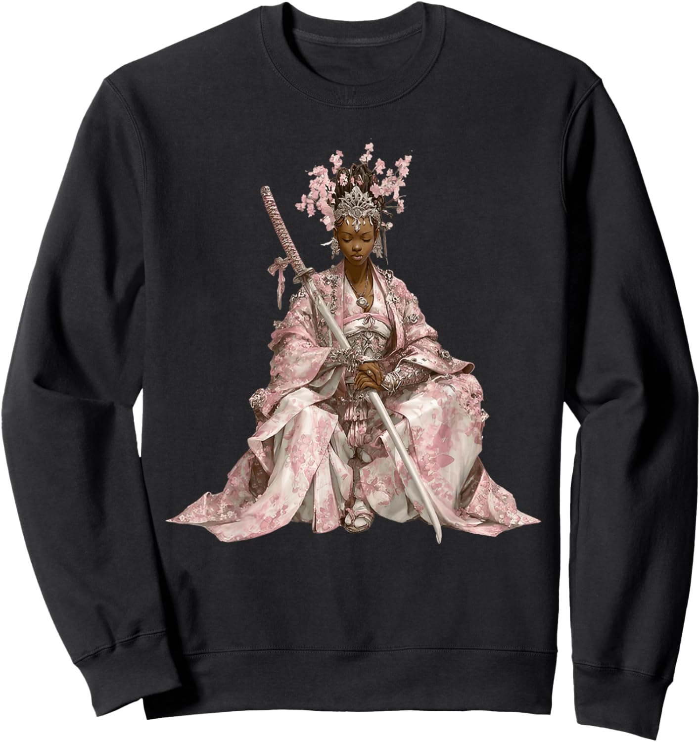 African Cherry Blossom Samurai Queen with Pink Kimono Sweatshirt - Sweatshirt | Black