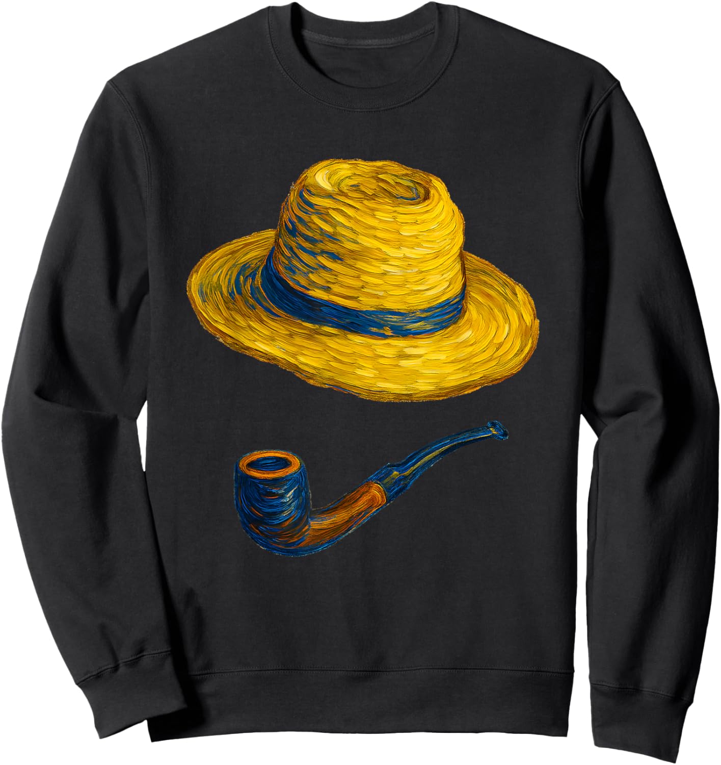Straw Hat and Blue Pipe Van Gogh Style Art Painting Sweatshirt - Sweatshirt | Black