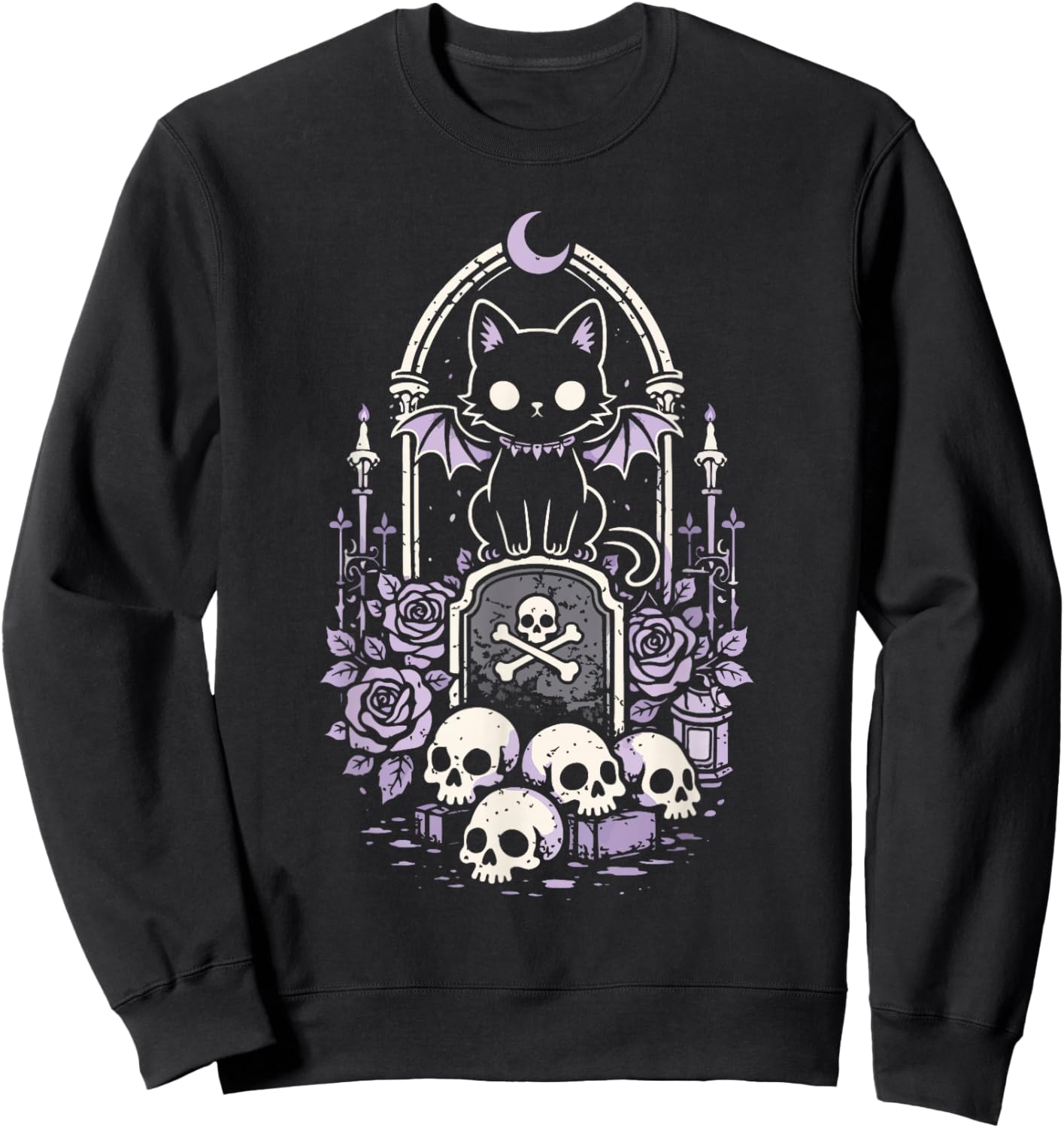 Cat Kitty Vampire Skull Creepy Cute Kawaii Goth Purple Alt Sweatshirt - Sweatshirt | Black