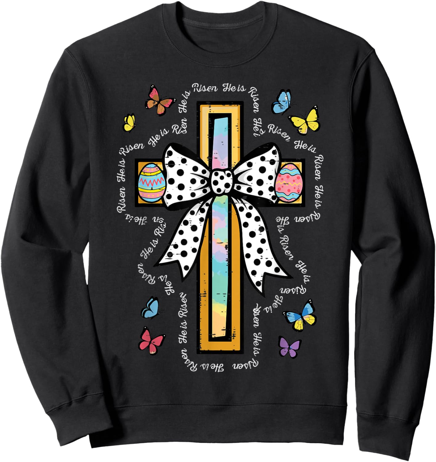 Easter Cross Bow He is Risen Christian Girls Kids Women Sweatshirt - Sweatshirt | Black