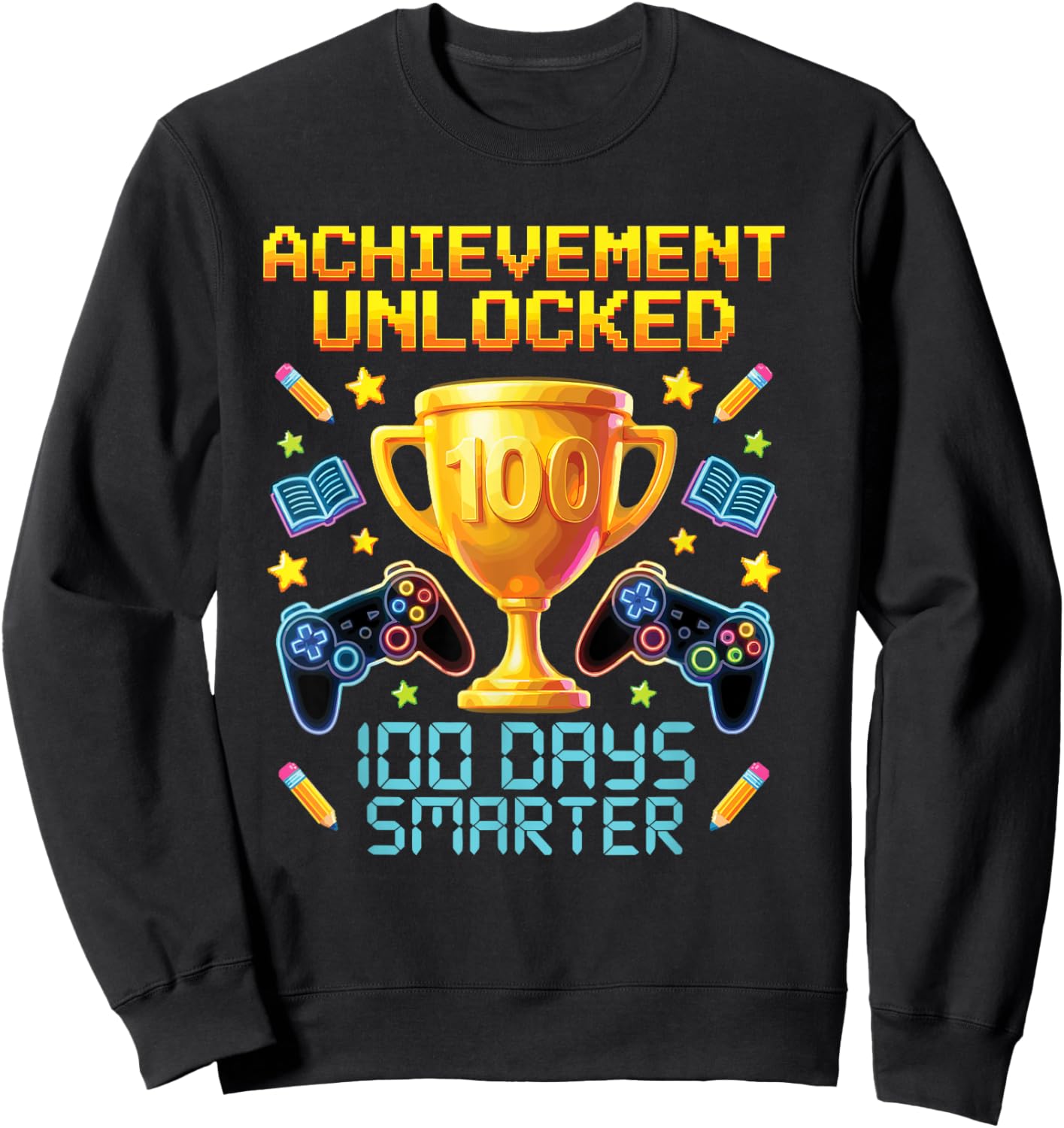 100 Days Smarter Gaming Achievement Unlocked Gamer Aura Sweatshirt - Sweatshirt | Black