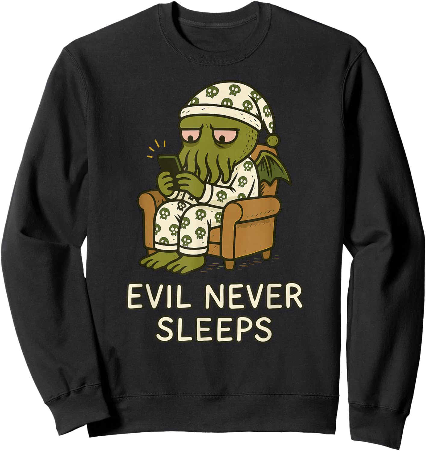 Evil Never Sleeps, Lovecraftian Doomscrolling Cthulhu Pajama Sweatshirt - Sweatshirt | Black