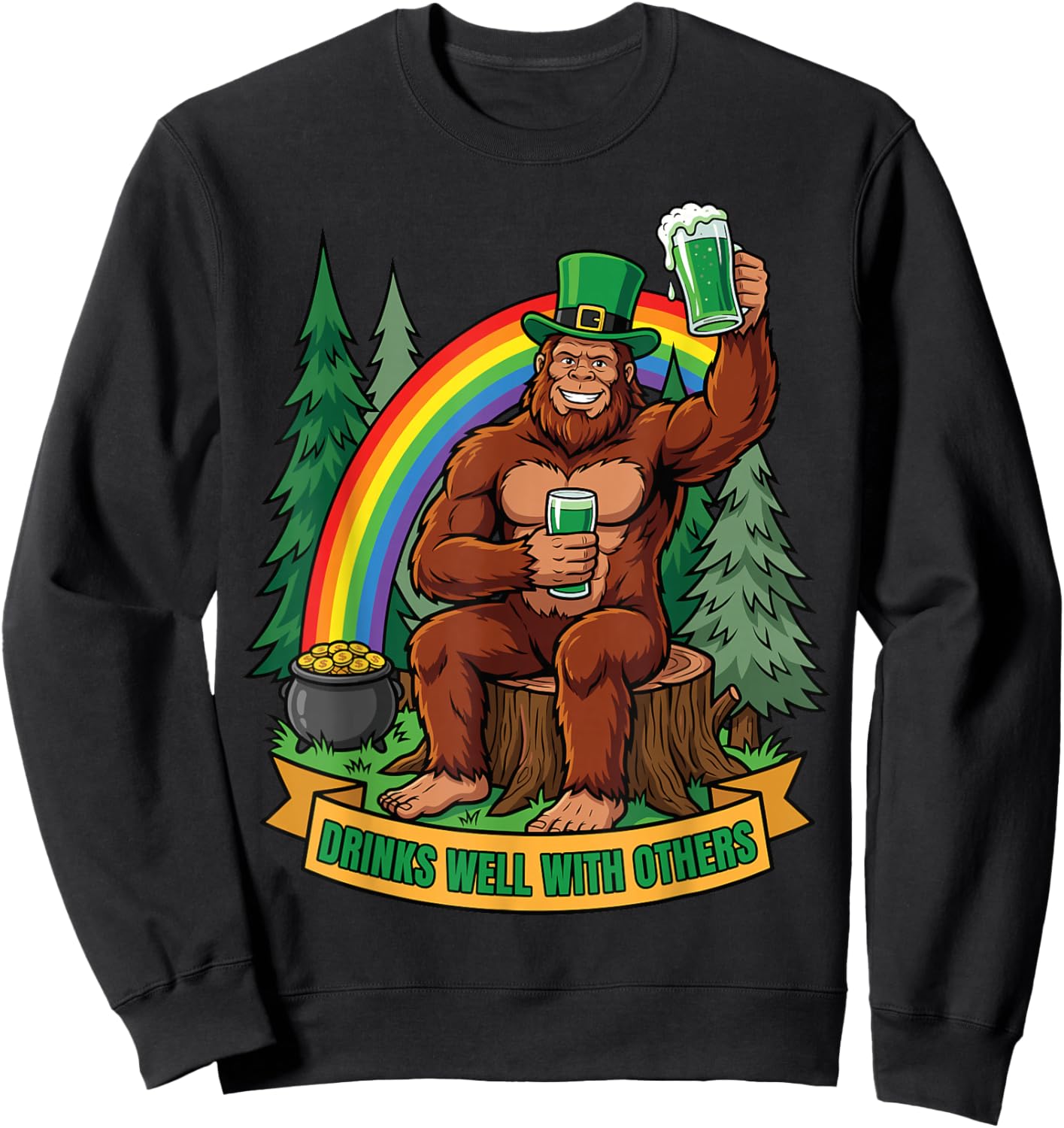 Lucky Sasquatch St Patricks Day Bigfoot Shamrock Irish Sweatshirt - Sweatshirt | Black