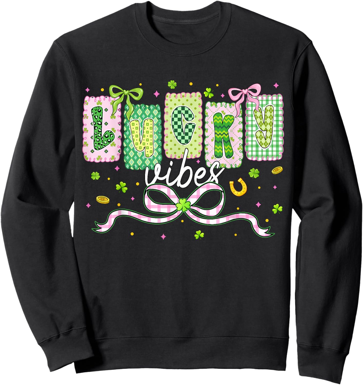 Preppy St Patricks Day Lucky Vibes Shamrock Women Girls Kids Sweatshirt - Sweatshirt | Black