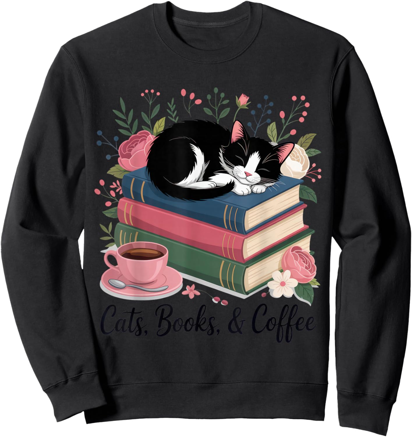 Cats, Books, & Coffee for Cat Lovers in Relaxed Weekend Sweatshirt - Sweatshirt | Black