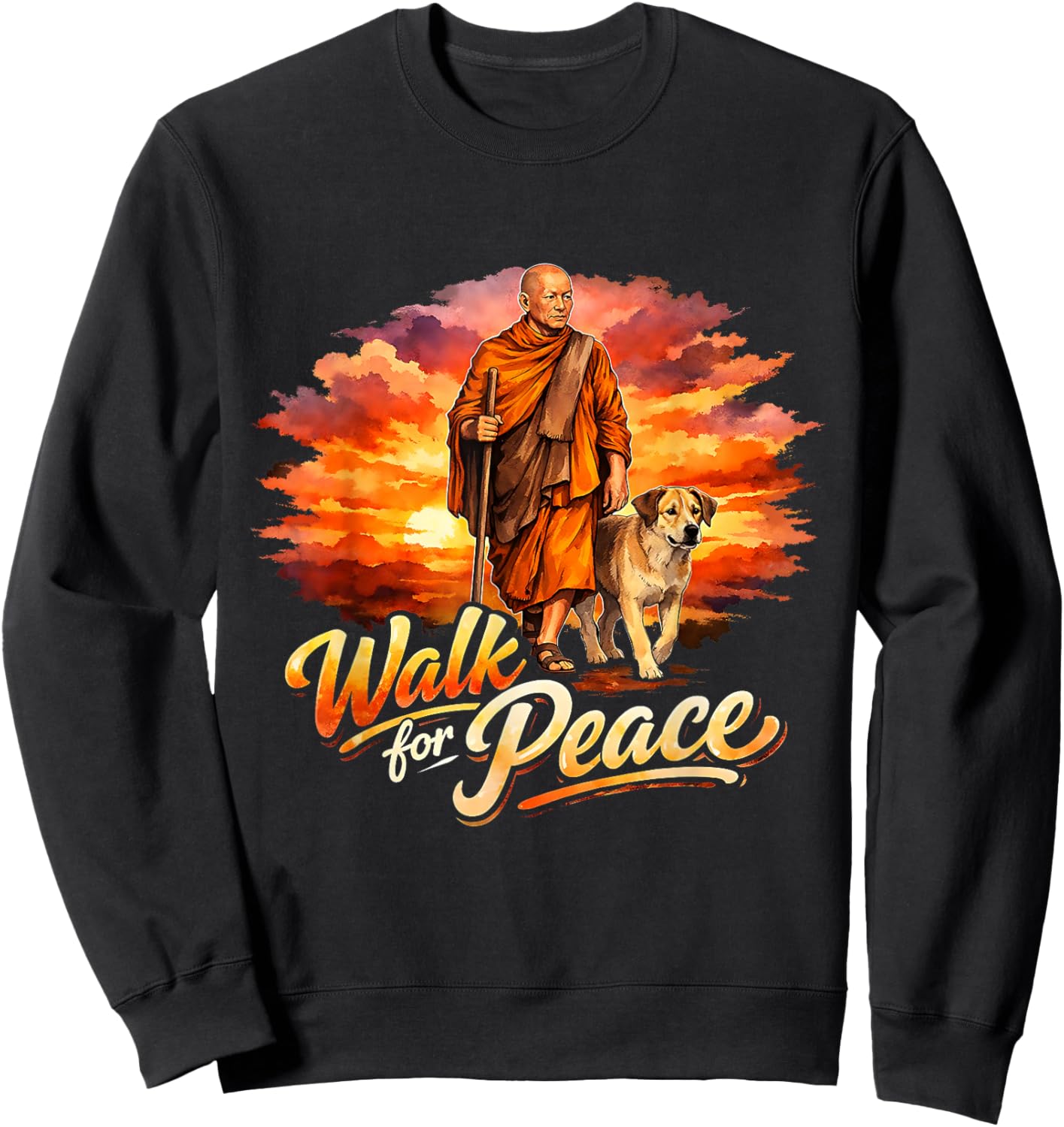 Walk for Peace Mindful Monk Spiritual Art Sweatshirt - Sweatshirt | Black