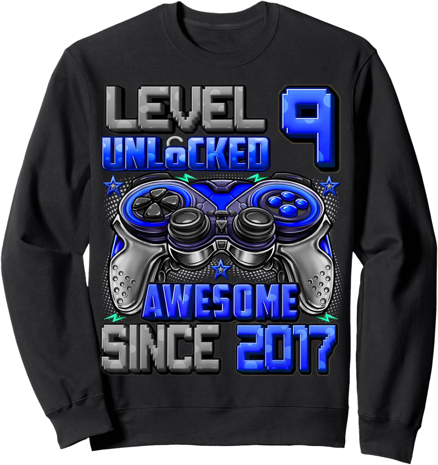 Level 9 Unlocked Awesome Since 2017 9th Birthday Gaming Sweatshirt - Sweatshirt | Black