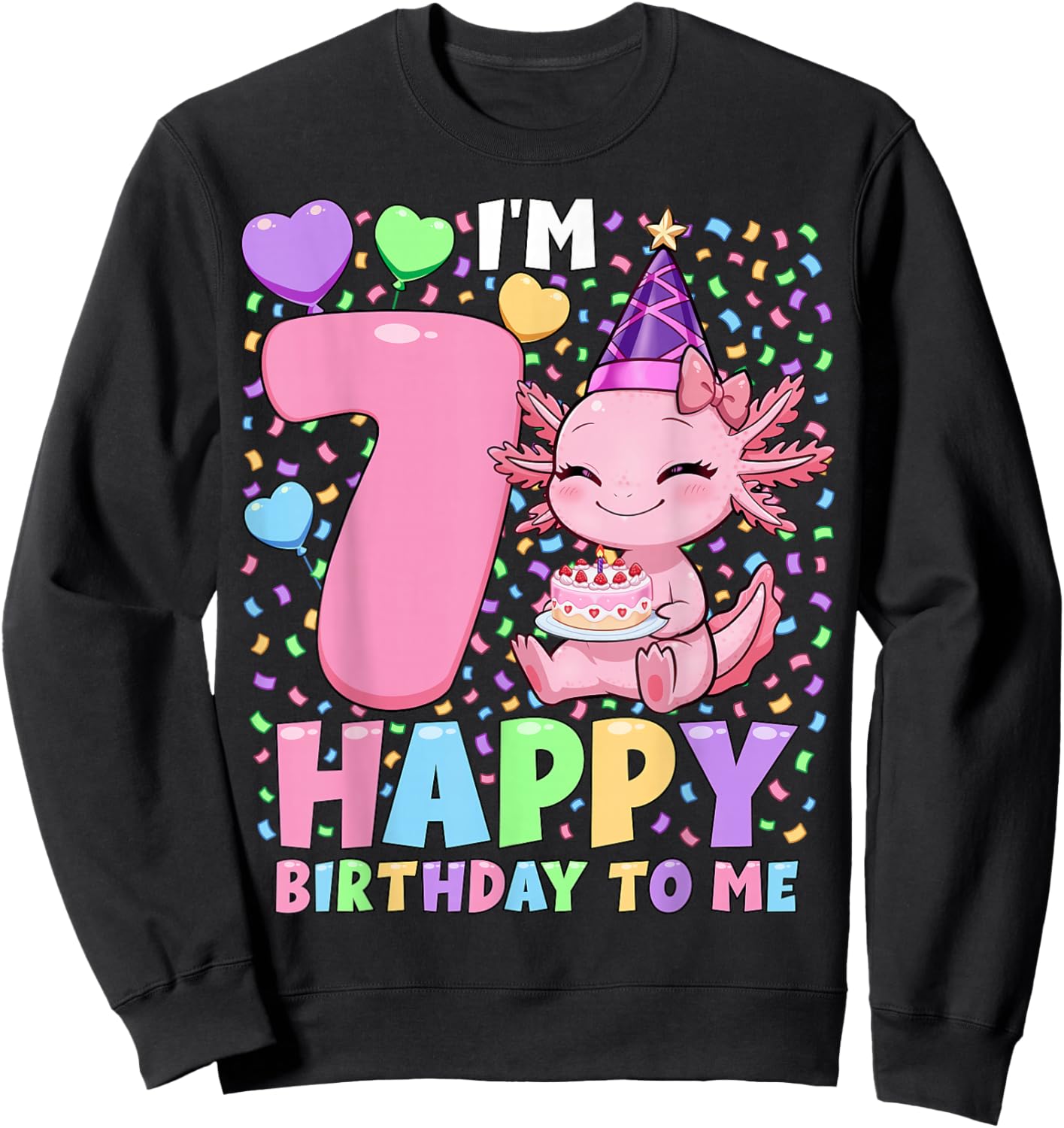 Girls Axolotl Birthday Shirt | 7 Years Old Birthday Axolotl Sweatshirt - Sweatshirt | Black