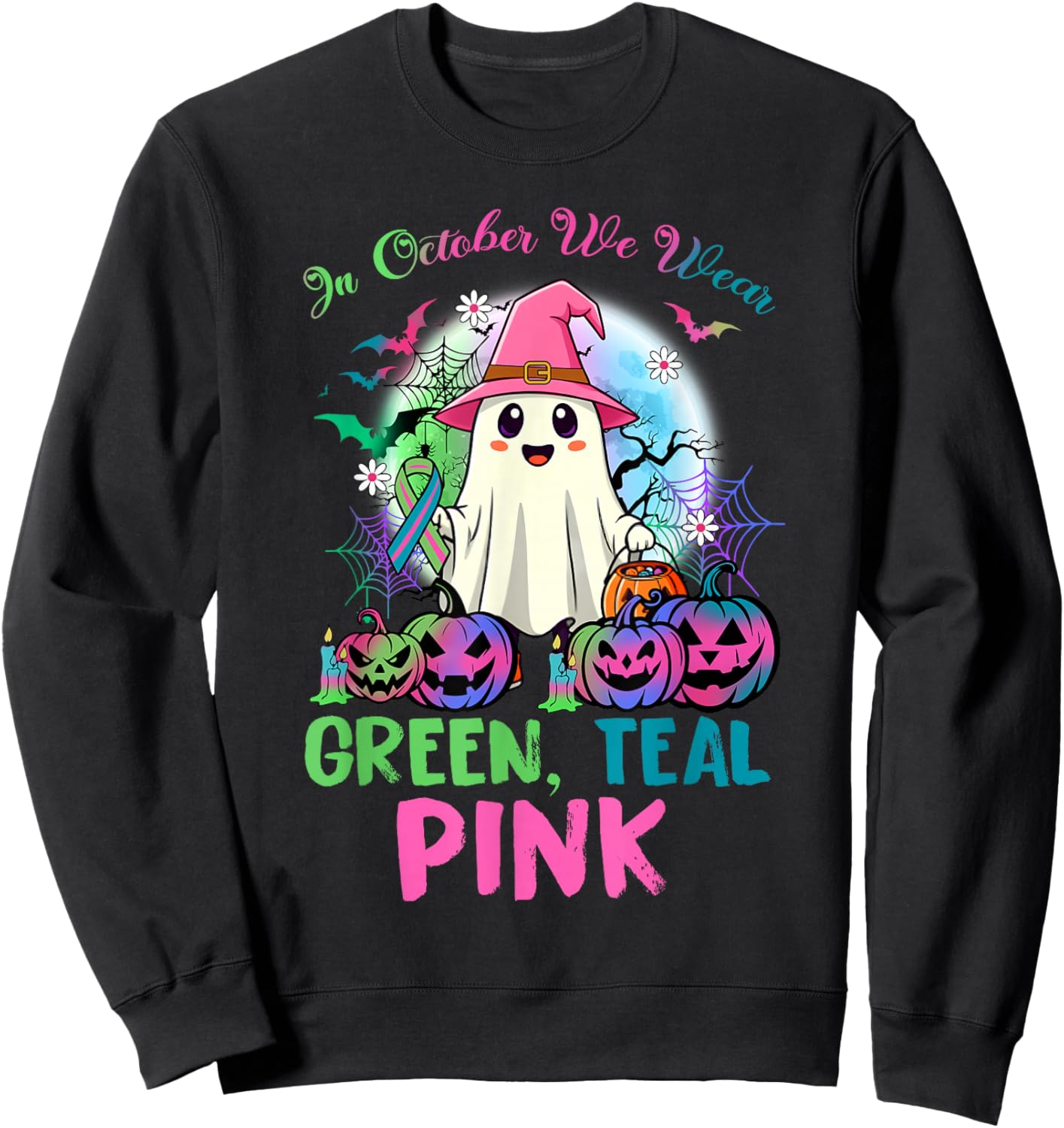 in October We Wear Teal Pink Halloween Metastatic Breast Can Sweatshirt - Sweatshirt | Black