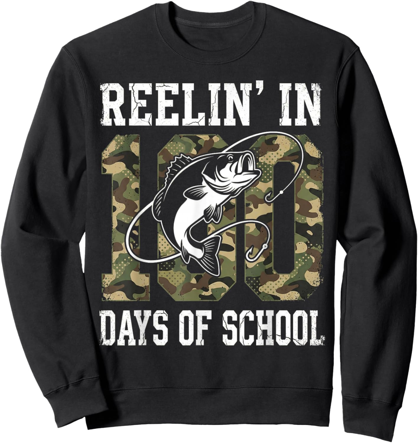 Reelin' in 100 Days of School Bass Camo Fishing Lover Boys Sweatshirt - Sweatshirt | Black