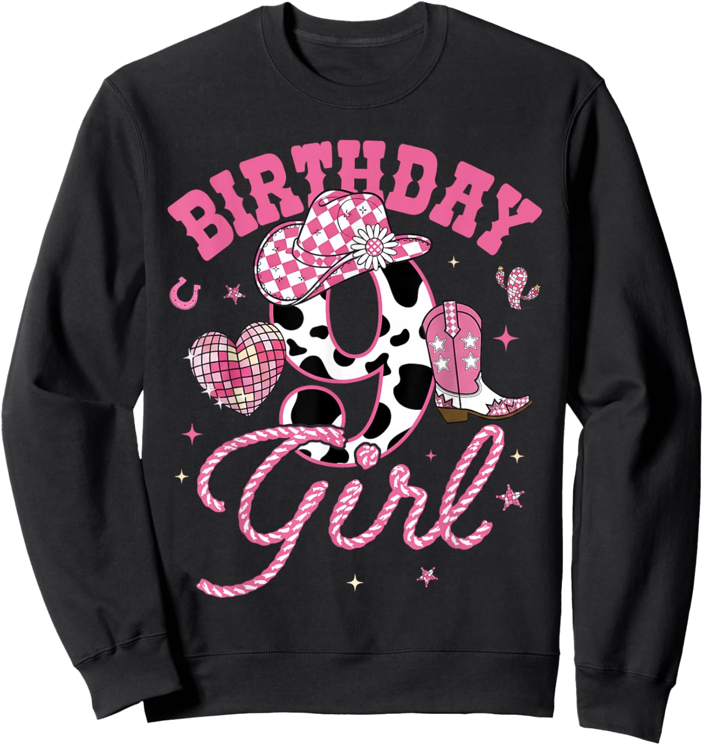 Kids 9 Year Old 9th Birthday Pink Cowgirl Birthday Girl Sweatshirt - Sweatshirt | Black