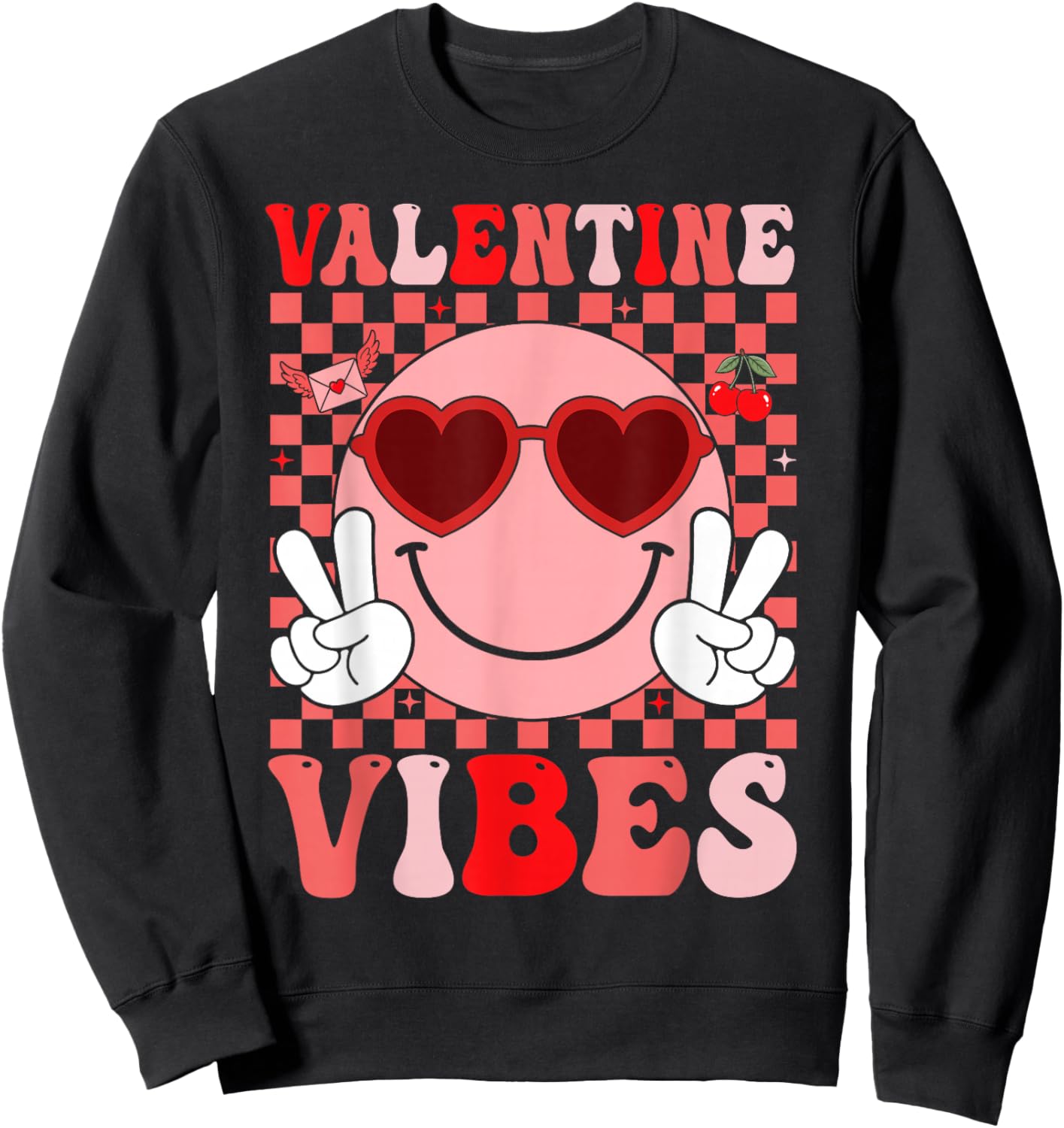 Groovy Valentine Vibes Smile Face Valentines Day Girls Women Sweatshirt - Sweatshirt | Black