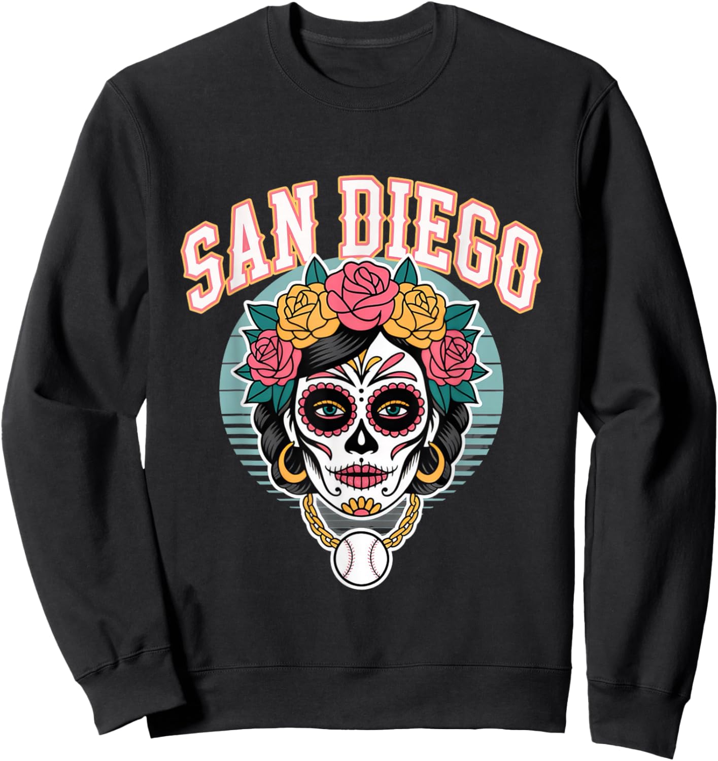 San Diego Sugar Skull Flower City Baseball Sweatshirt - Sweatshirt | Black