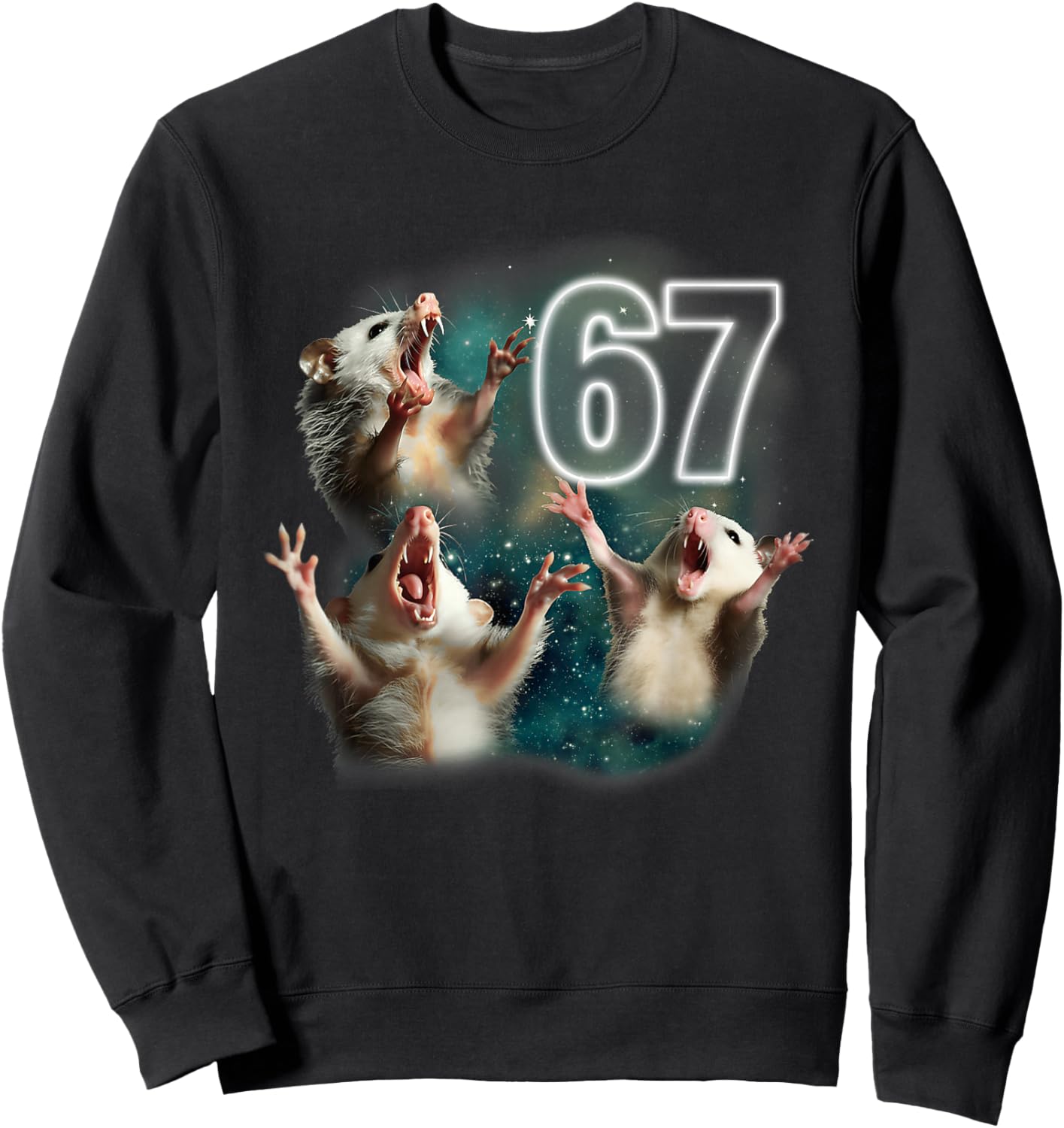 Three Opposum Moon 67 Possum Howling Six Seven Weird Meme Sweatshirt - Sweatshirt | Black