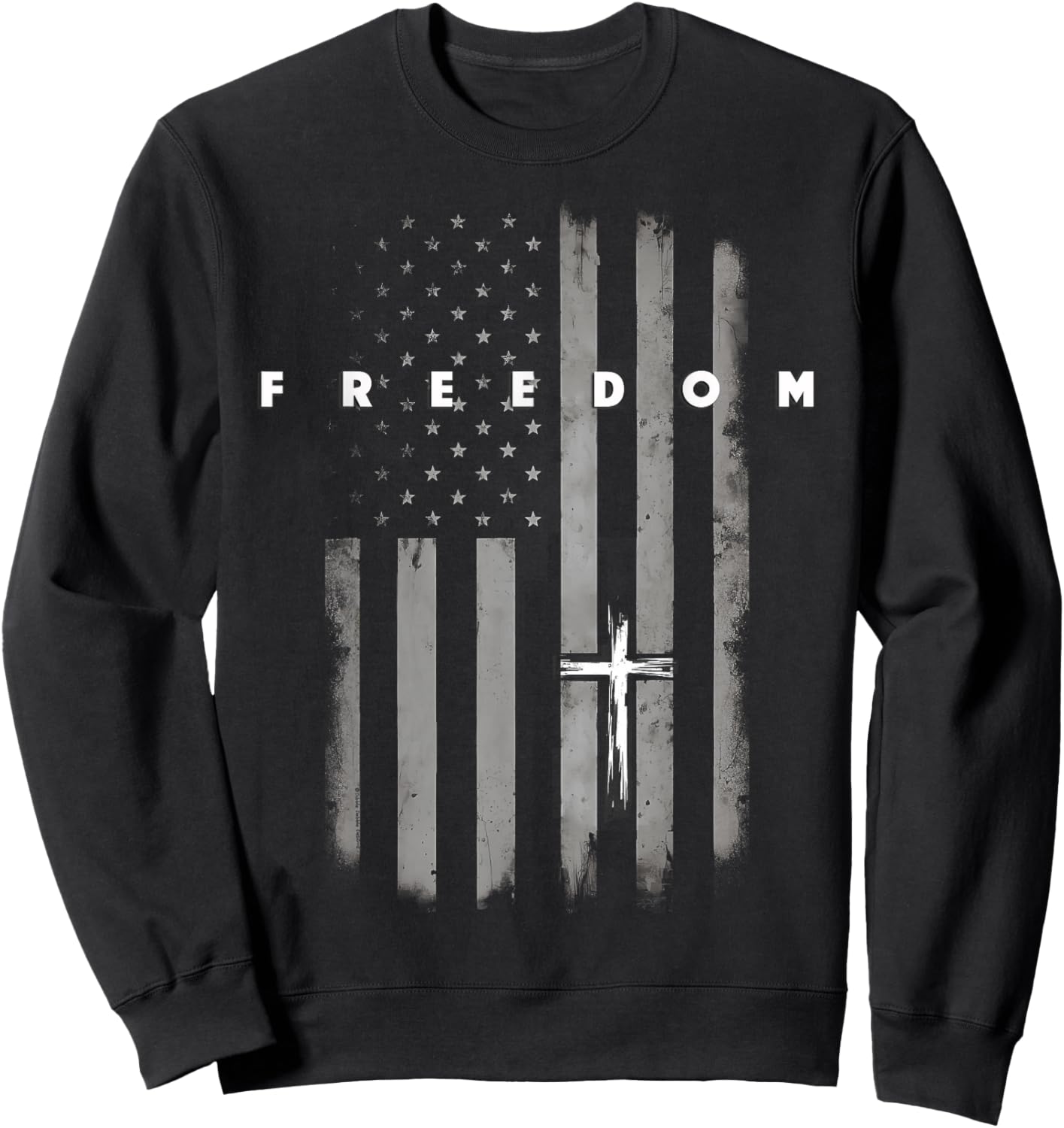 Grunge American Flag and Cross Faith Family Freedom Sweatshirt - Sweatshirt | Black