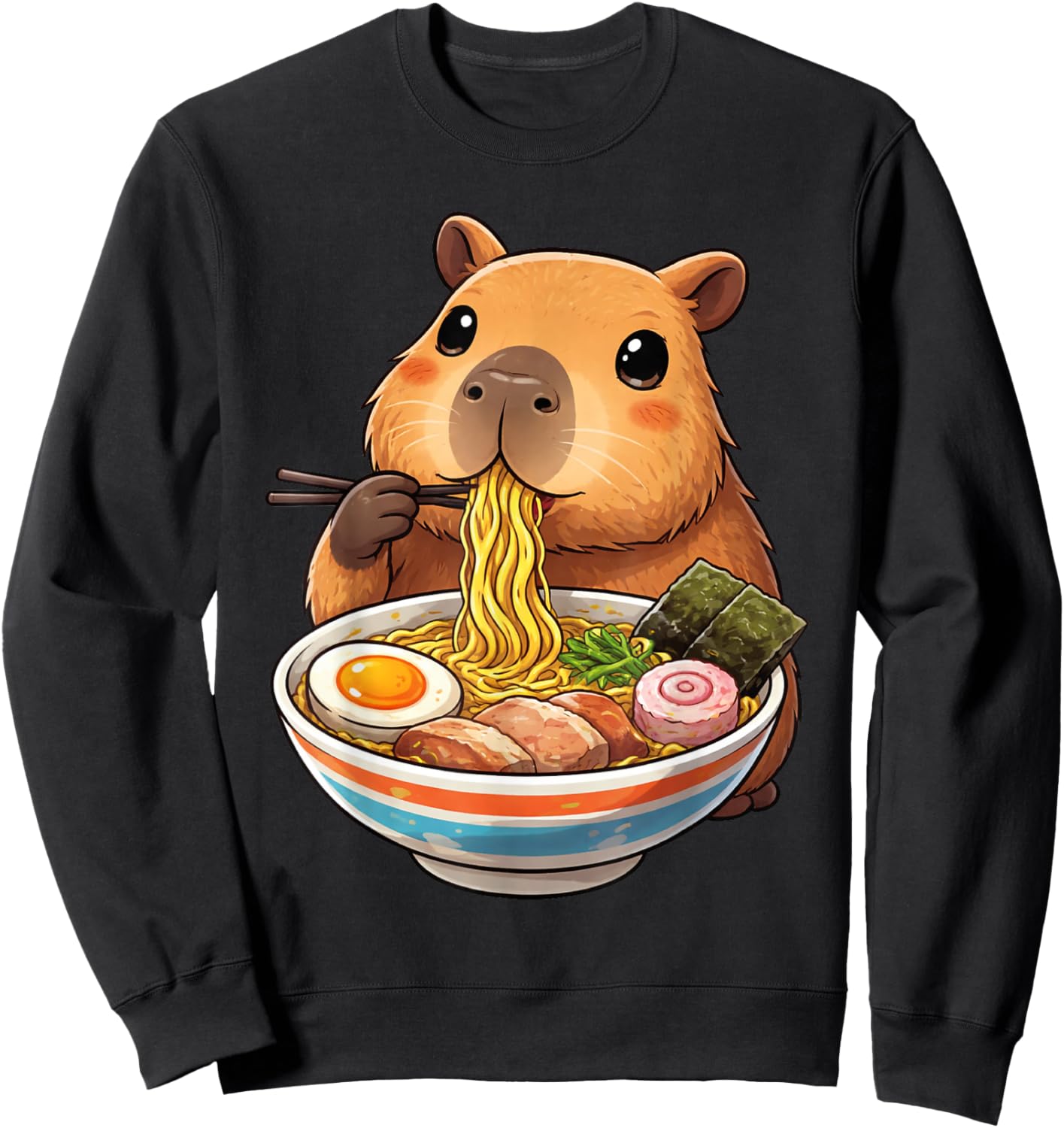 Capybara Eating Ramen Noodles Japanese Kawaii Graphic Sweatshirt - Sweatshirt | Black