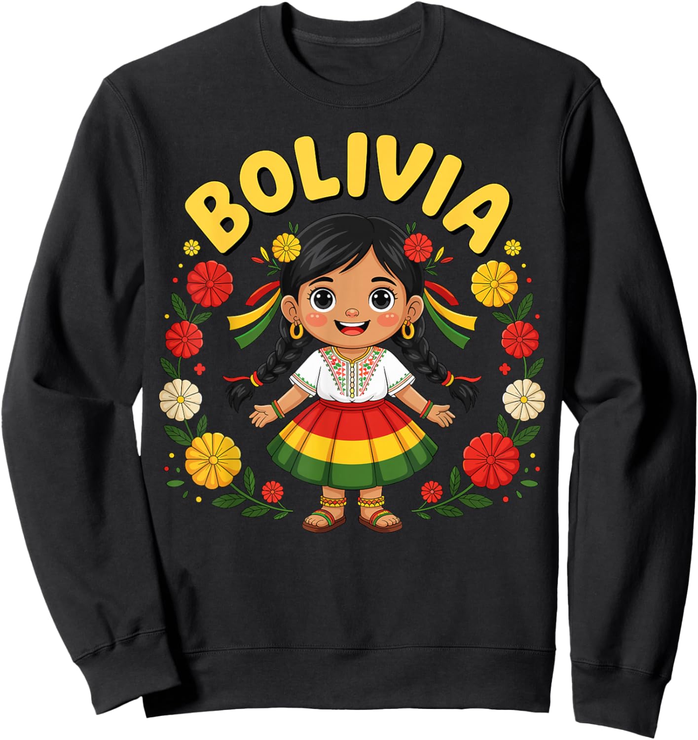 Cute Bolivia Girl Traditional Dress with Floral Design Kids Sweatshirt - Sweatshirt | Black