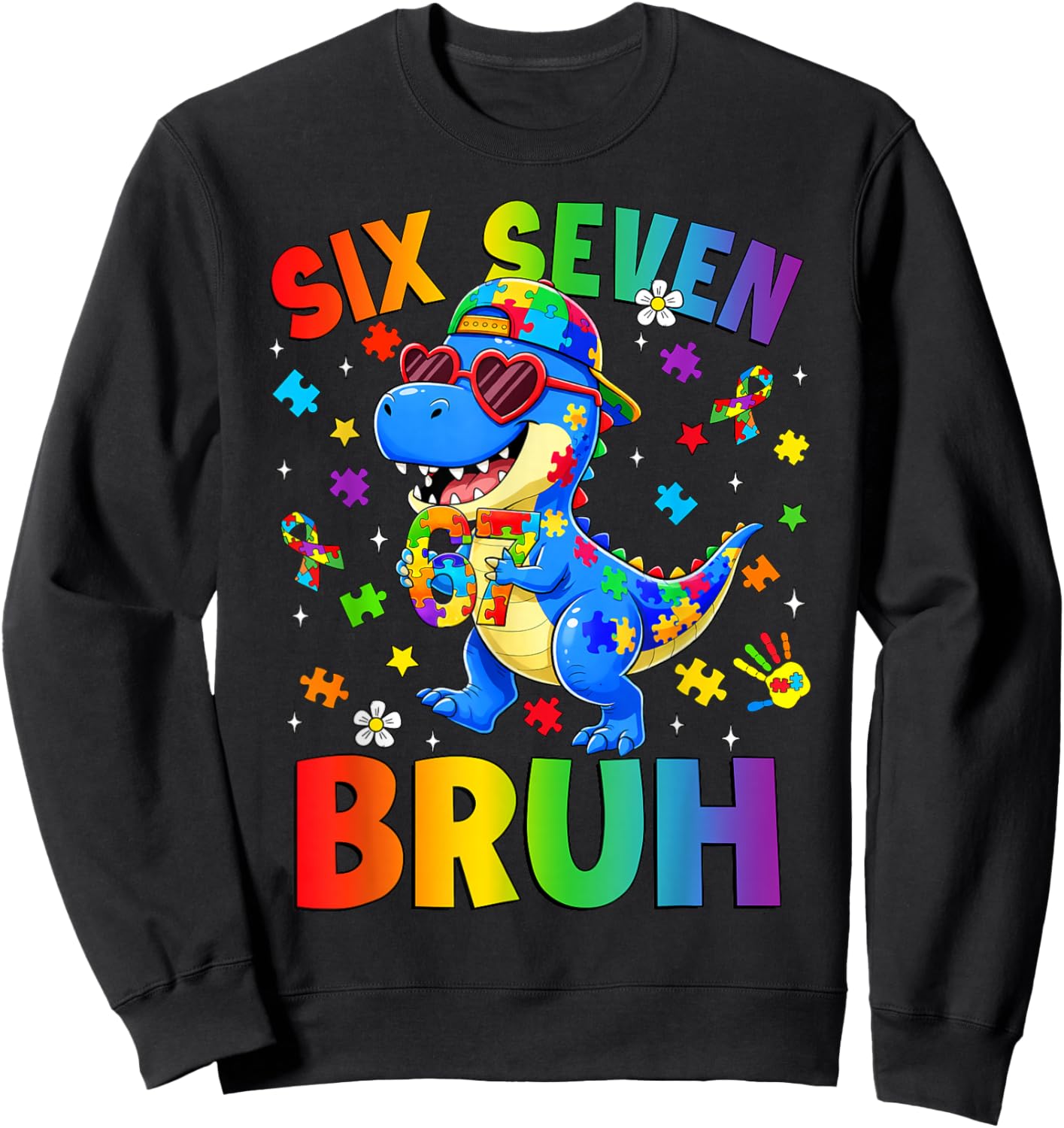 Six Seven Bruh 67 Autism Awareness Dinosaur T-rex Boys Kids Sweatshirt - Sweatshirt | Black