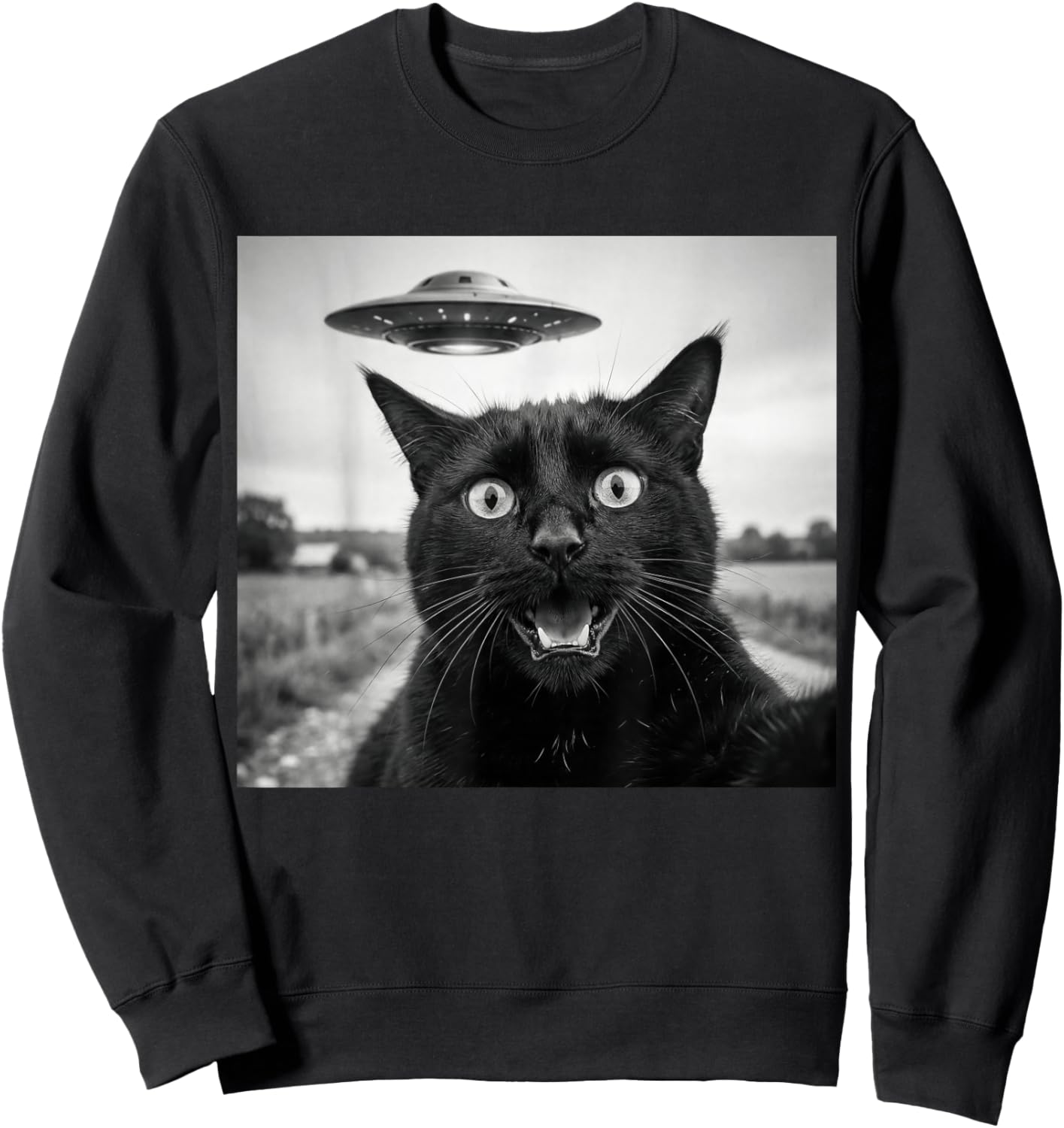 Funny Black Cat Selfie UFO Conspiracy Alien Abduction Sweatshirt - Sweatshirt | Black