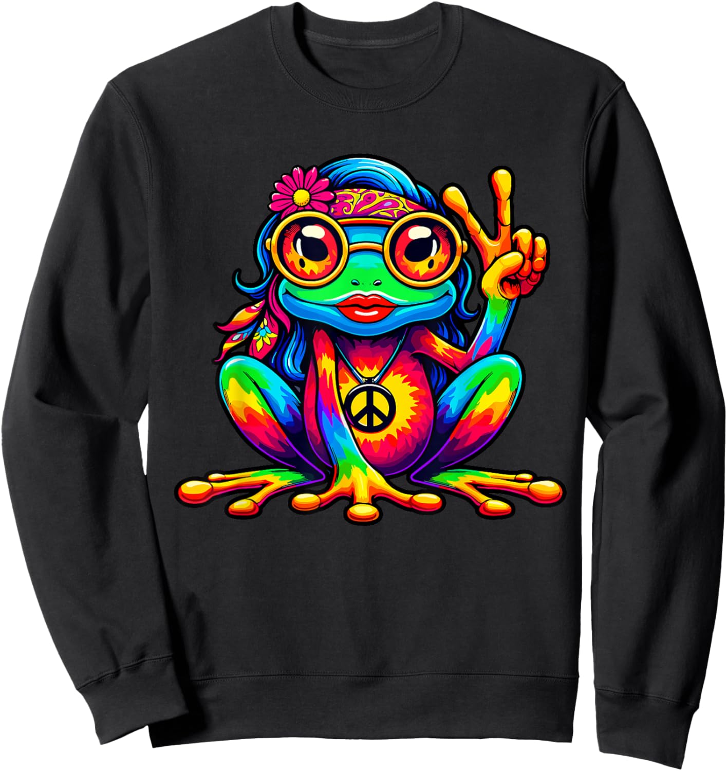 Tie-Dye Hippie Frog, Peace Sign, Girls, Women, 70s Costume Sweatshirt - Sweatshirt | Black