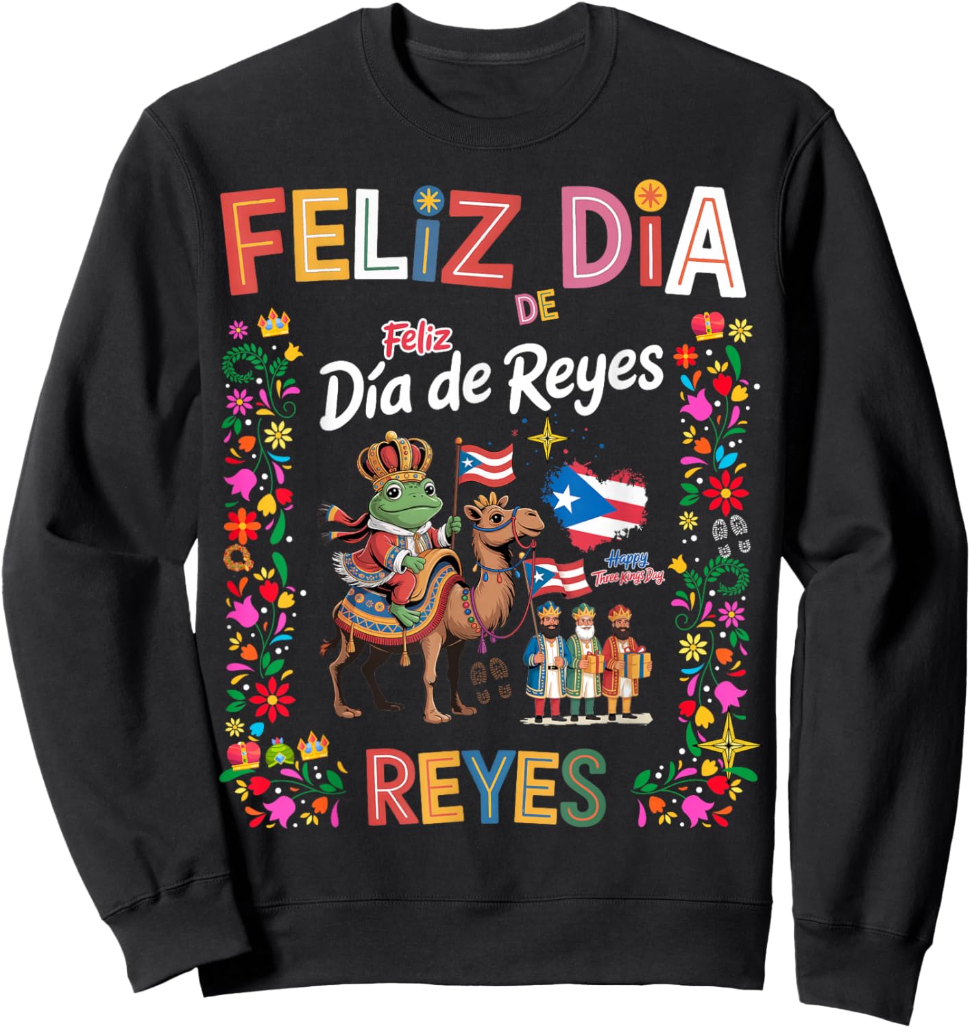 Three Kings Day Puerto Rican Women Idea & Coqui Frog Boricua Sweatshirt - Sweatshirt | Black