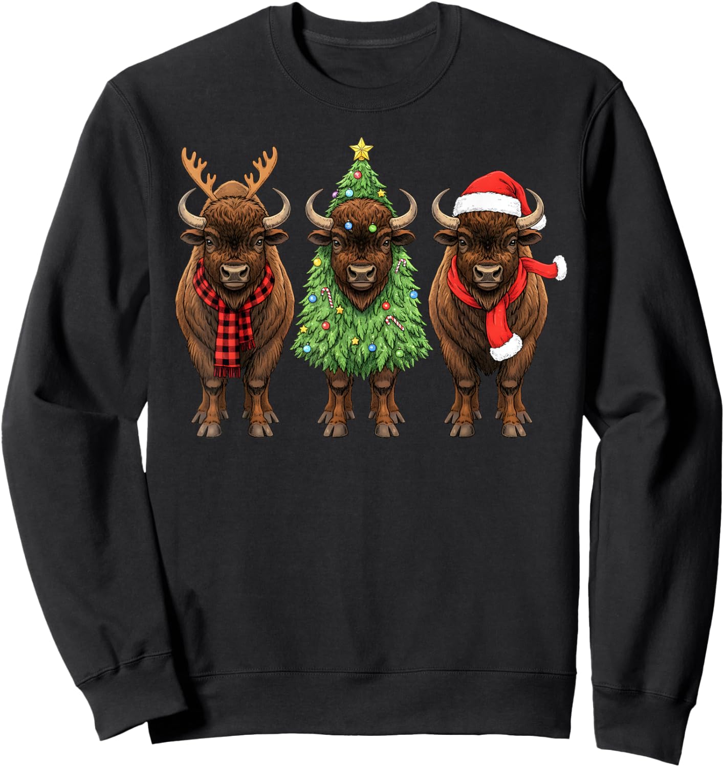 Retro Christmas American Bison Buffalo Santa Reindeer Sweatshirt - Sweatshirt | Black