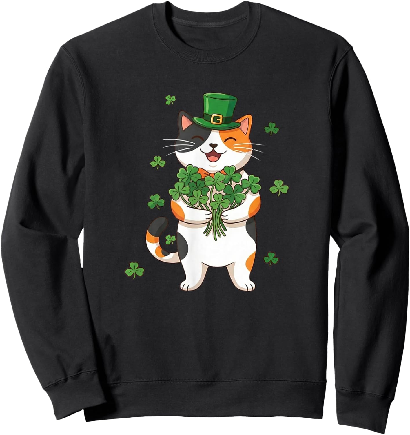 St Patricks Day Calico Cat with Leprechaun Hat and Shamrocks Sweatshirt - Sweatshirt | Black