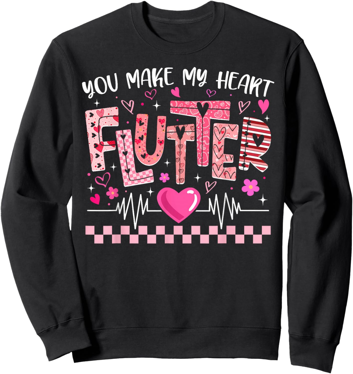 Valentine You Make My Heart Flutter Cardiac Nurse CVICU Sweatshirt - Sweatshirt | Black