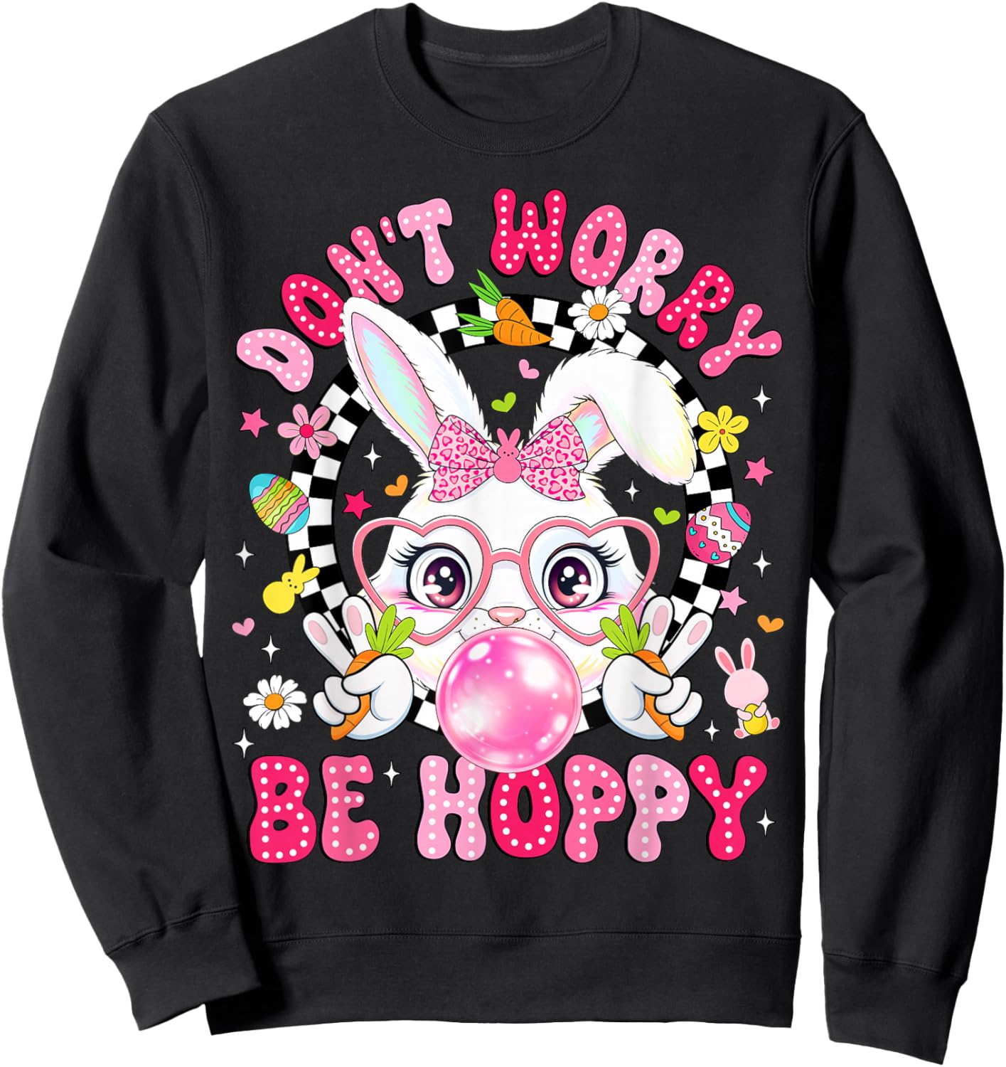 Groovy Don't Worry Be Hoppy Happy Easter Day Bunny Face Kids Sweatshirt - Sweatshirt | Black