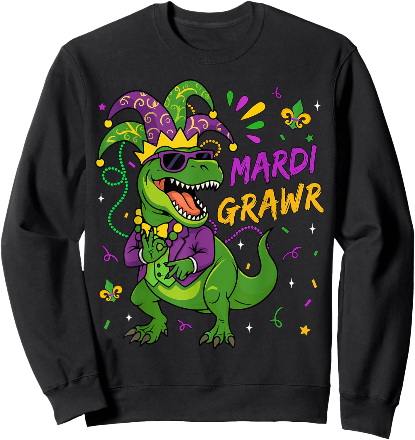 Mardi Grawr T-Rex Dino Toddler Kids Mardi Gras Boys Men Kids Sweatshirt - Sweatshirt | Black