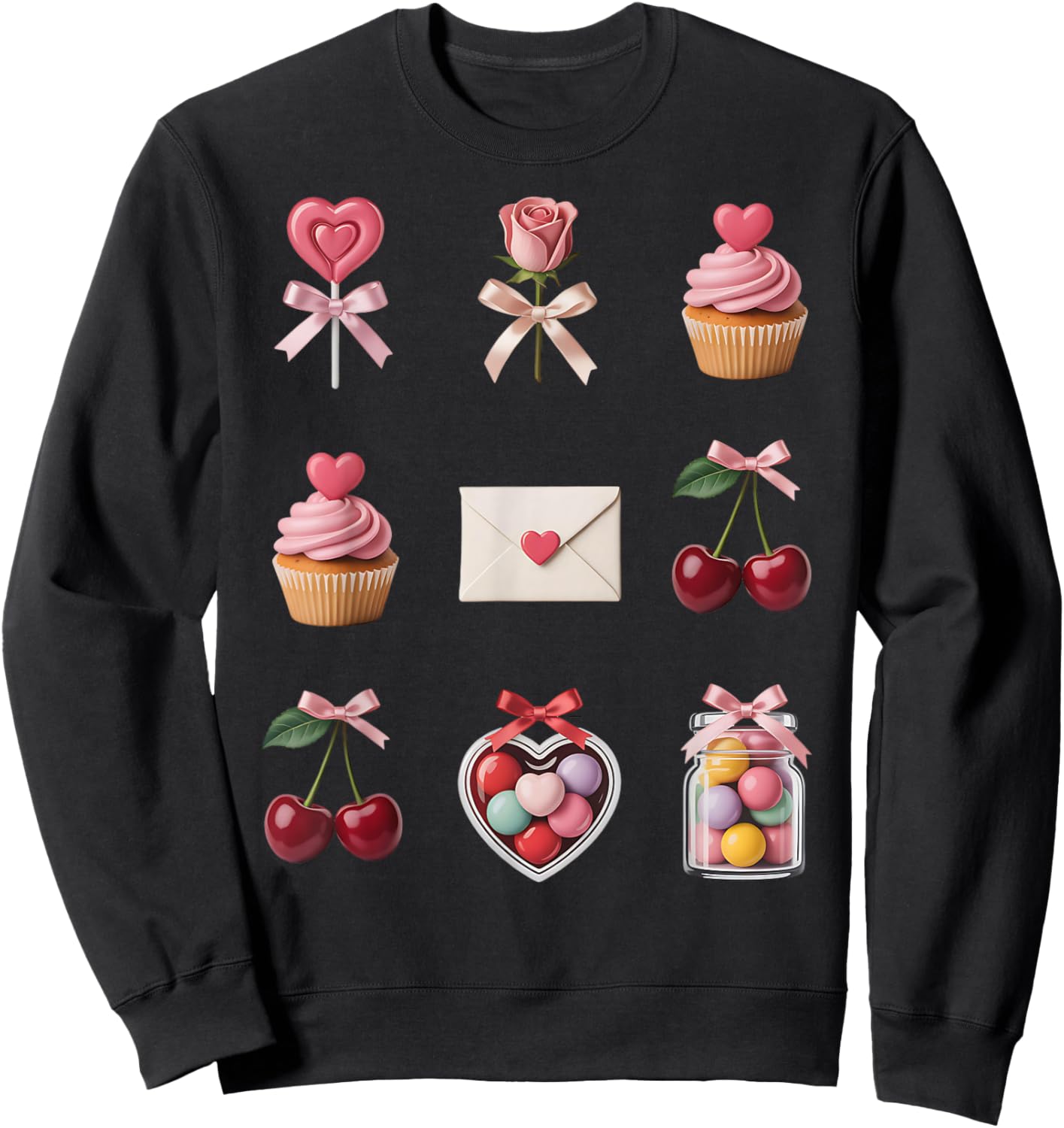 Valentine Coquette Bow Heart Chocolate Strawberry Cherries Sweatshirt - Sweatshirt | Black