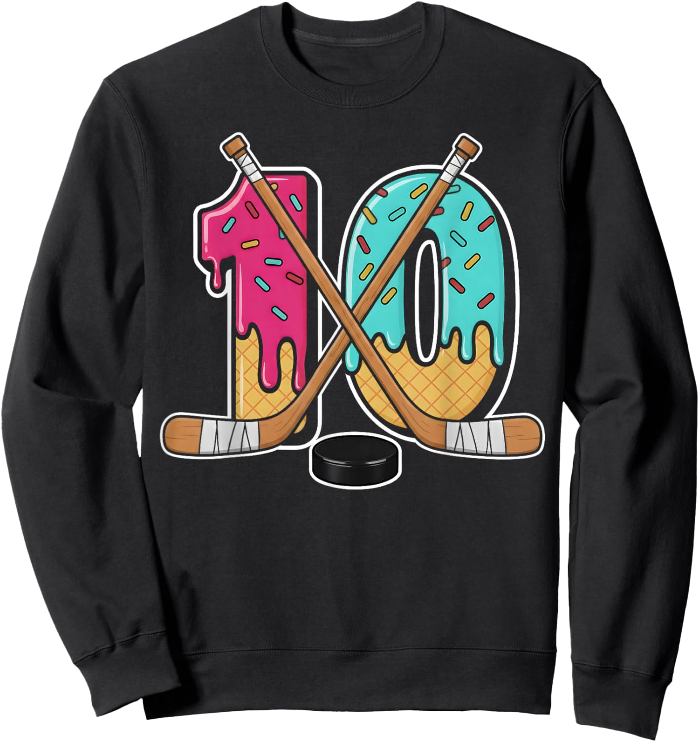 10 Year Old Hockey Ice Cream Drip Youth 10th Birthday Boys Sweatshirt - Sweatshirt | Black