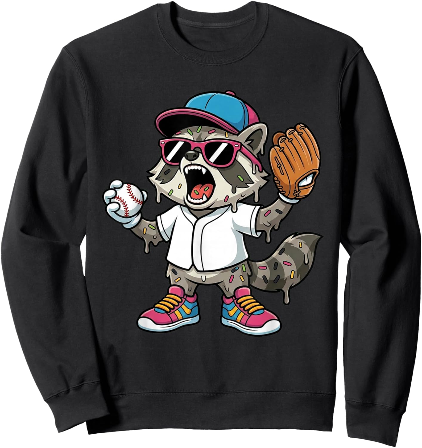Funny Trash Panda Raccoon Baseball Drip Mascot Kids Sweatshirt - Sweatshirt | Black
