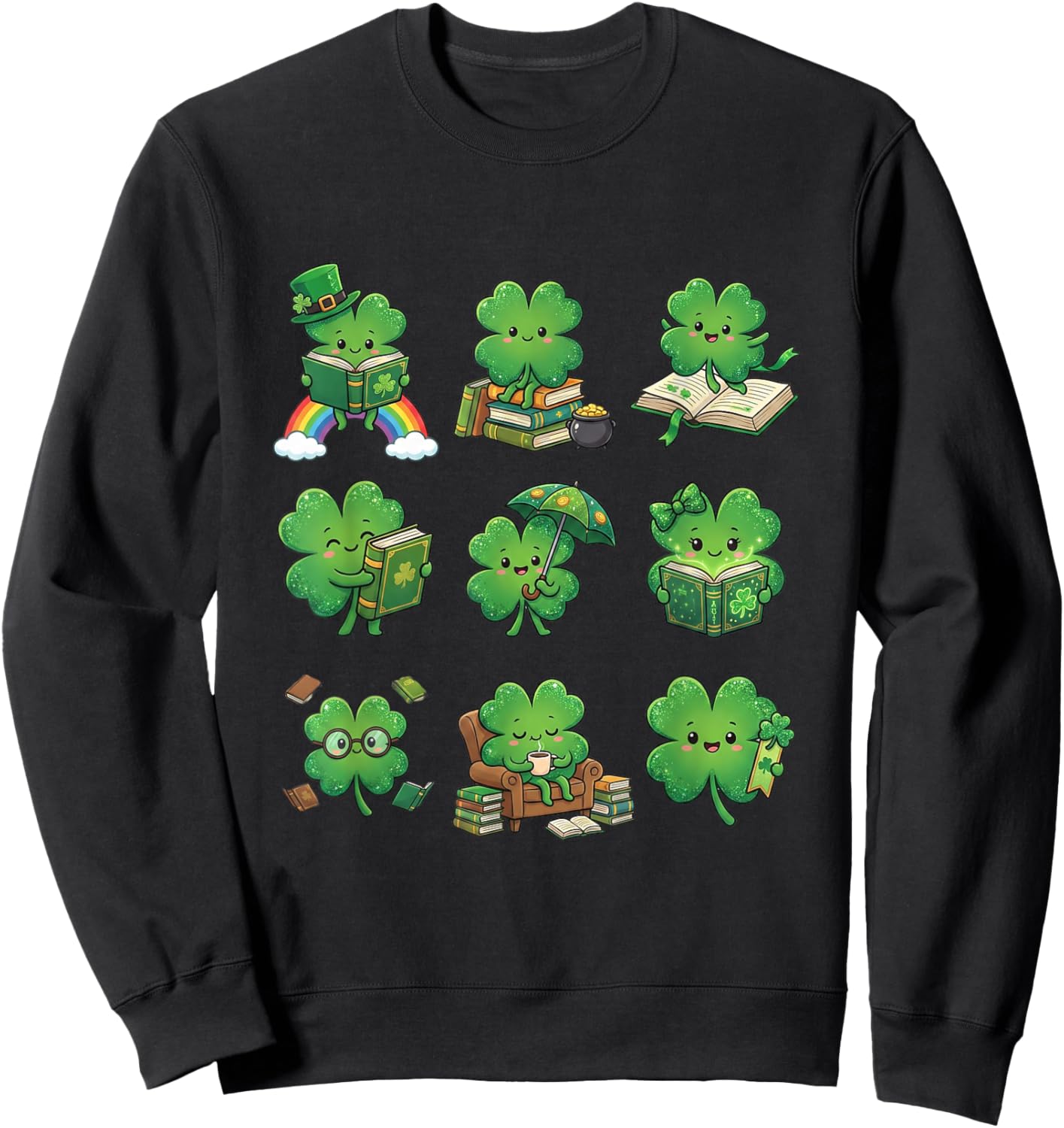 Cute Shamrock Reading St Patricks Day Teacher Book Lovers Sweatshirt - Sweatshirt | Black