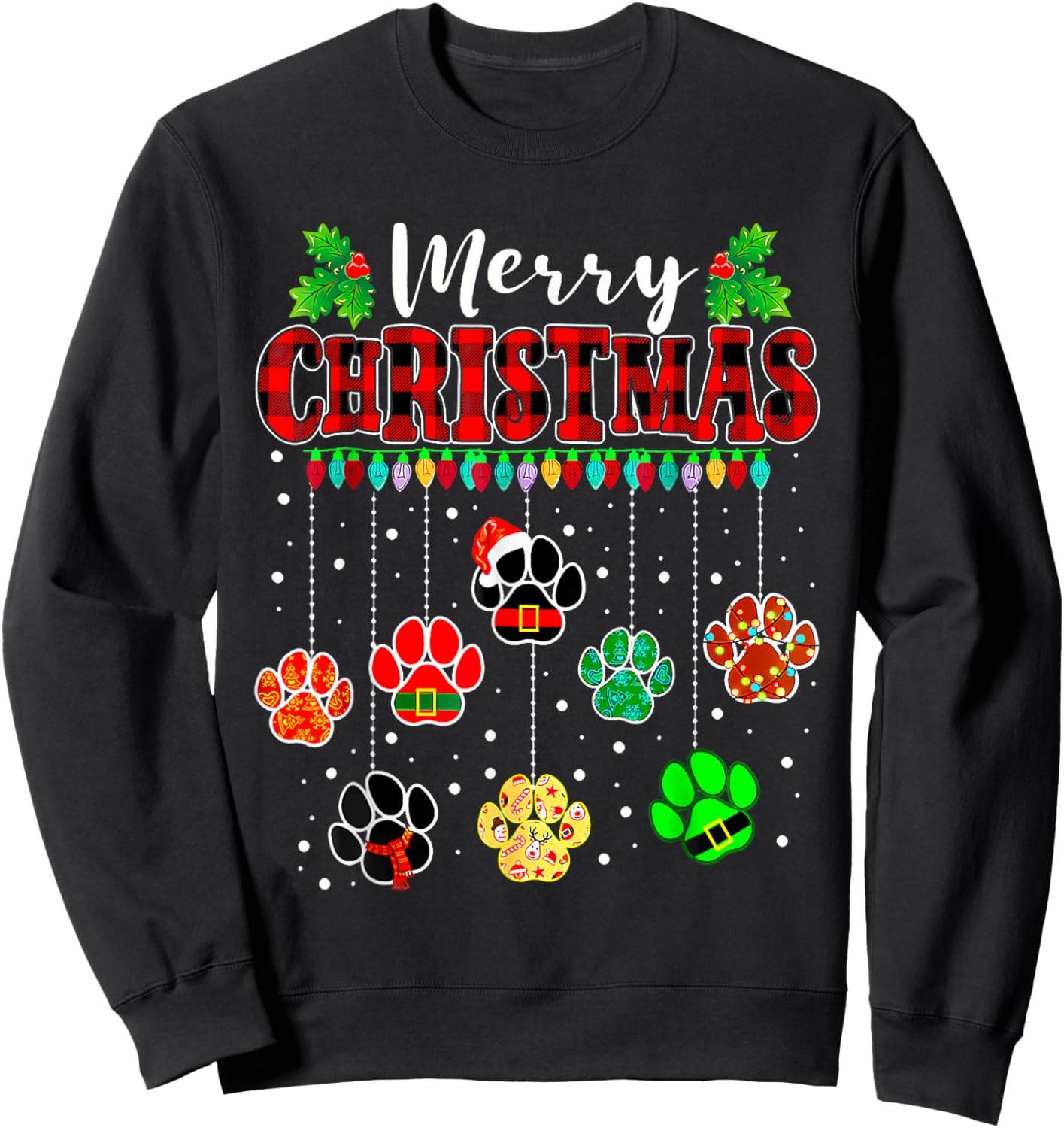 Merry Christmas Lights Dog Paw Red Plaid Funny Dog Love Xmas Sweatshirt - Sweatshirt | Black