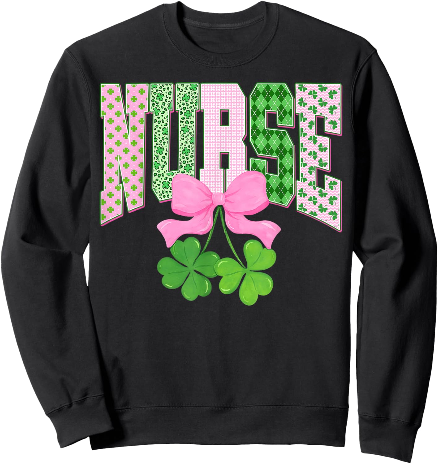Lucky Shamrock St Patrick's Day Nurse Coquette Bow Sweatshirt - Sweatshirt | Black
