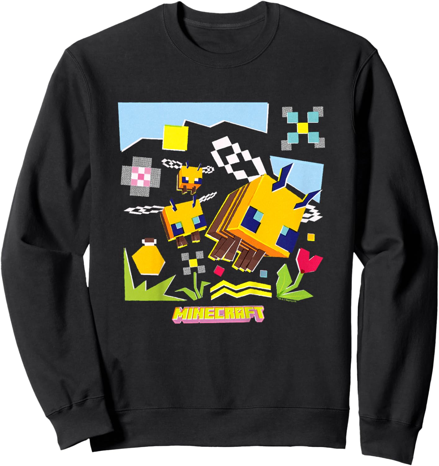 Minecraft Logo Flowers and Bees Flying in The Sky Sweatshirt - Sweatshirt | Black