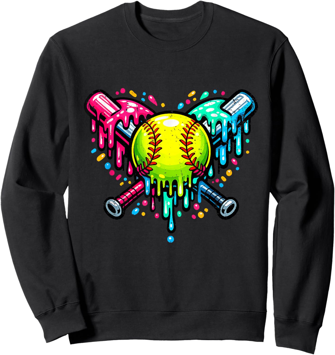 Neon Drip Softball Crossed Bats Graphic Sweatshirt - Sweatshirt | Black