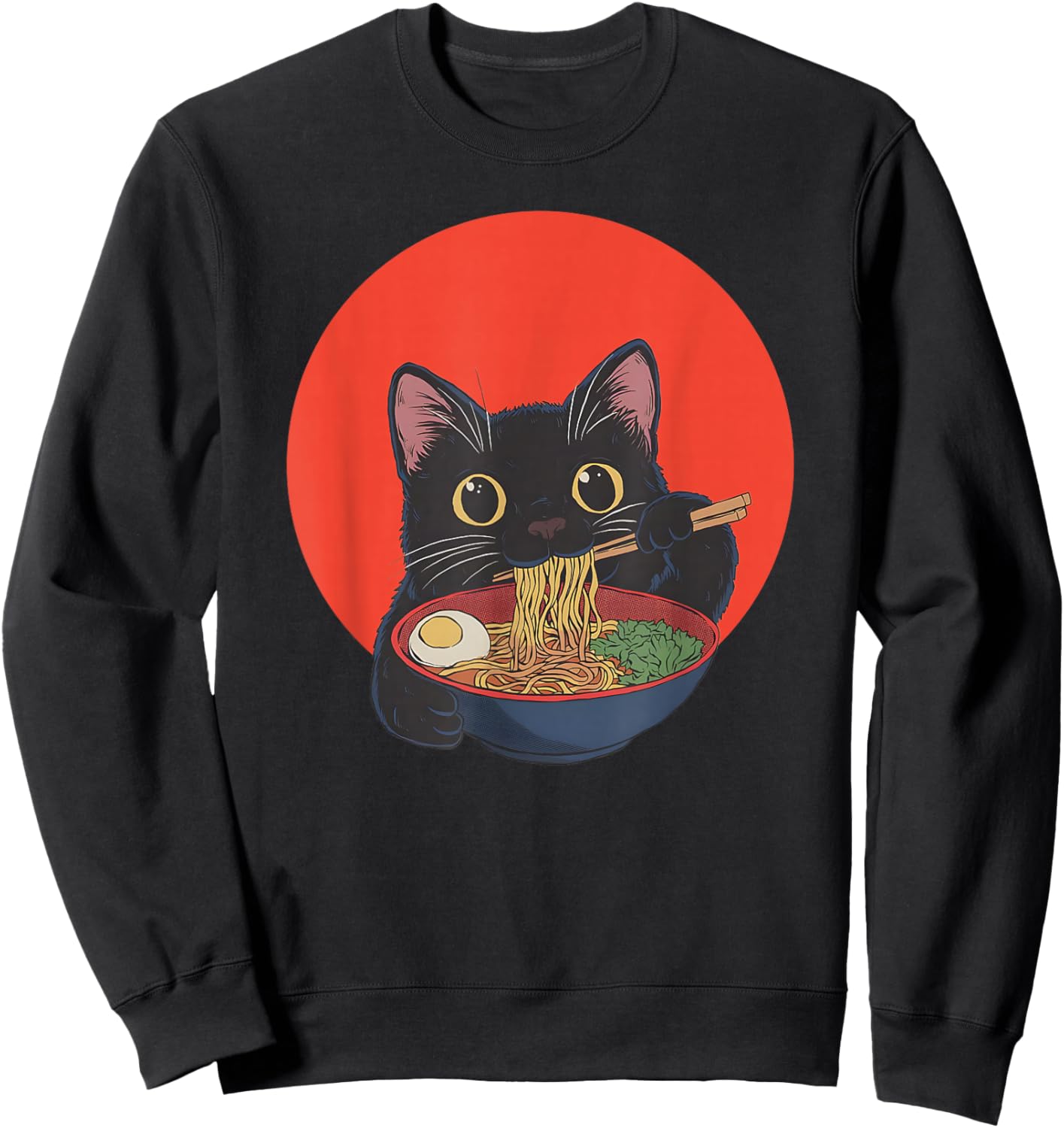 Black Cat Eating Ramen Funny Japanese Men Women Teens Sweatshirt - Sweatshirt | Black